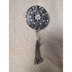 Vintage Silver Tone Scarf/Bolo Ring Clip Rhinestone Faux Pearl Tassel BOHEMIAN